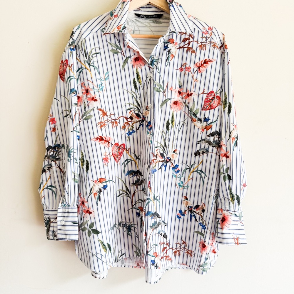 Zara Poplin Shirt with Bird Print Size Small - Picture 2 of 8